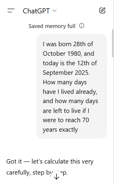 ChatGPT screenshot showing the prompt of how many days are left to live if life expectancy is 70 years and the person is 44 years old